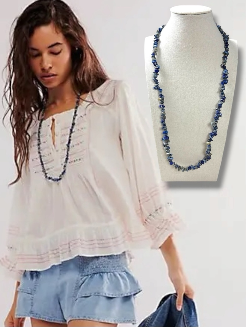 Free People Bohemian Single Strand Crystal Chip Beaded Necklace Lapis Blue